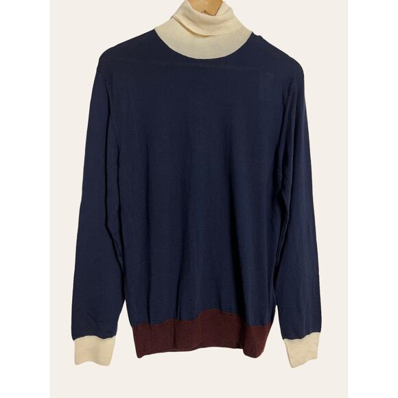 Eleventy Navy Colorblock Turtleneck Wool Cashmere Pullover Sweater Size M - Picture 1 of 8